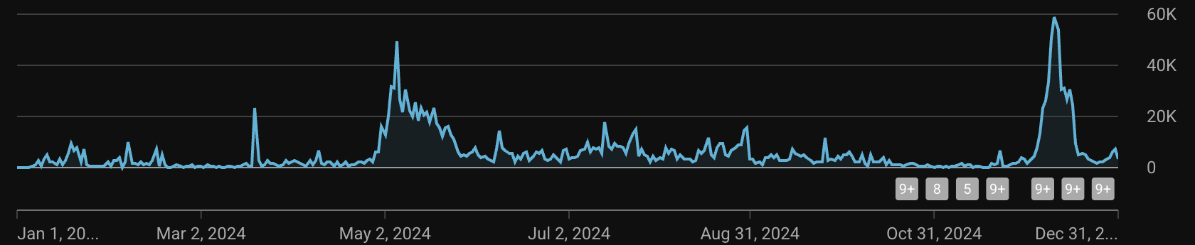 YouTube analytics chart of daily views for Tampa Bay Developer across 2024, with peaks near 50,000 and 60,000 views a day